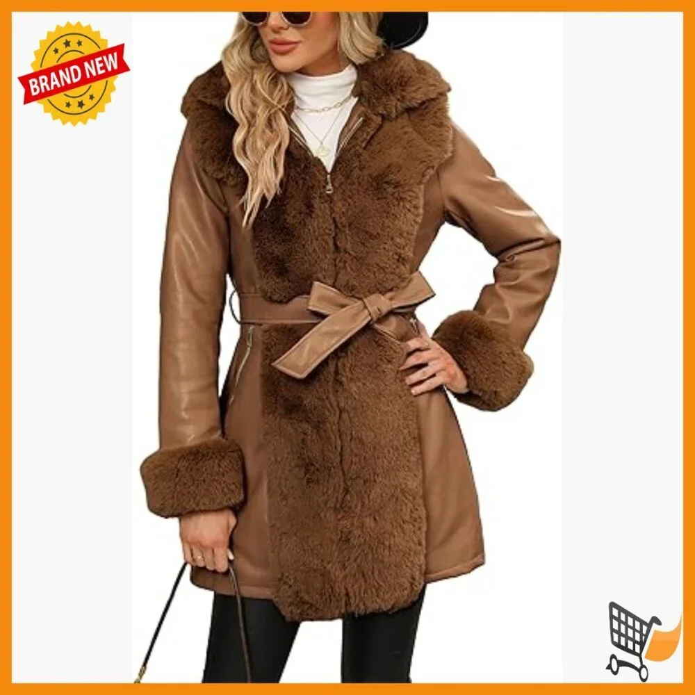 Women's Wool Pea Coat Faux Fur Parka with Belt Winter Warm Overcoat